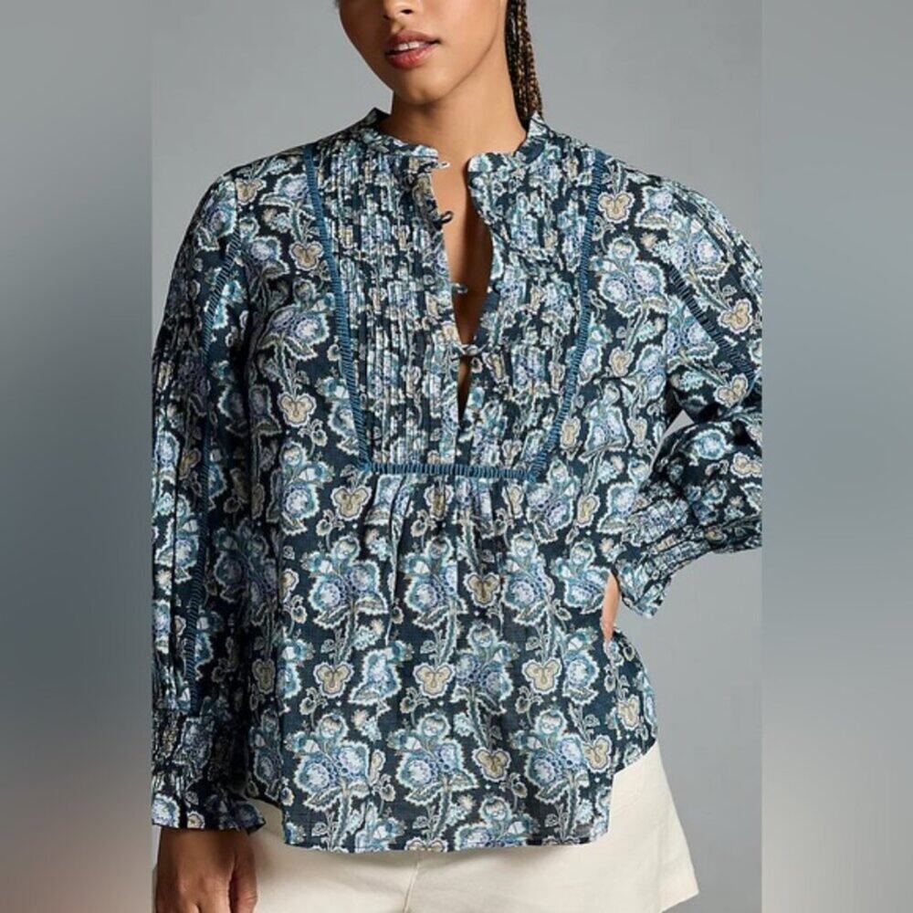 Anthropologie Henley Pleasant Floral 1/2 Button Long Sleeve Pullover Women L Top